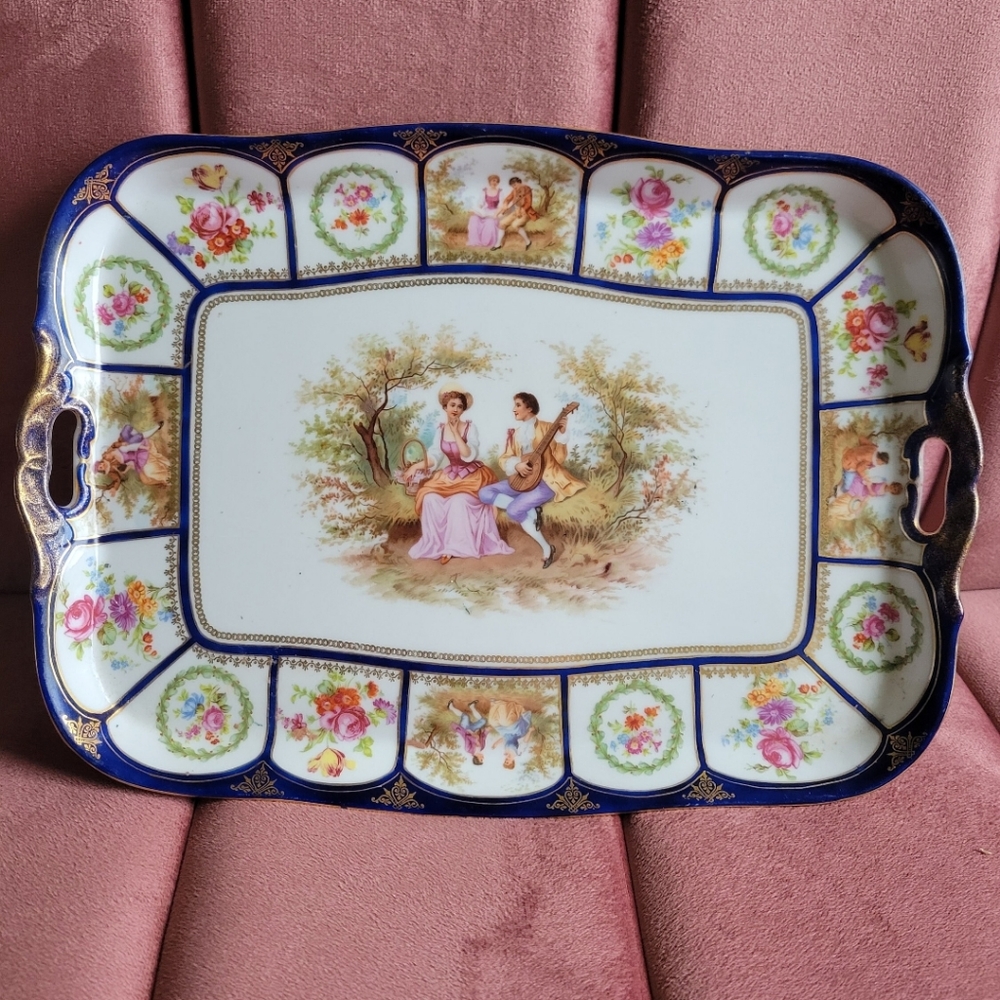 Vienna Style Gilt Blue Beehive Mark Porcelain Impressed Letters Numbers Platter
